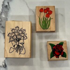 RUBBER STAMPS LOT OF 3: ‘Floral’ Bundle of Vintage Rubber Stamps mounted on wood
